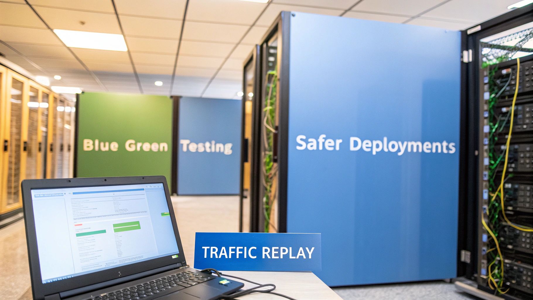 - A photo-realistic server room scene with dual mirrored racks and network cables, featuring âBlue Green Testingâ text centered on a solid background block at the golden ratio point, with the surroundings softly blurred to emphasize real-world DevOps infrastructure
- A modern DevOps workstation displaying HTTP traffic metrics and code snippets on a laptop screen, with âSafer Deploymentsâ text prominently displayed on a solid background block in the center, while subtle console windows and graph overlays provide contextual support
- An abstract network flow diagram overlaid on a subdued cloud architecture blueprint, with âTraffic Replayâ text as the central element on a solid background block positioned at the golden ratio to convey hands-on testing