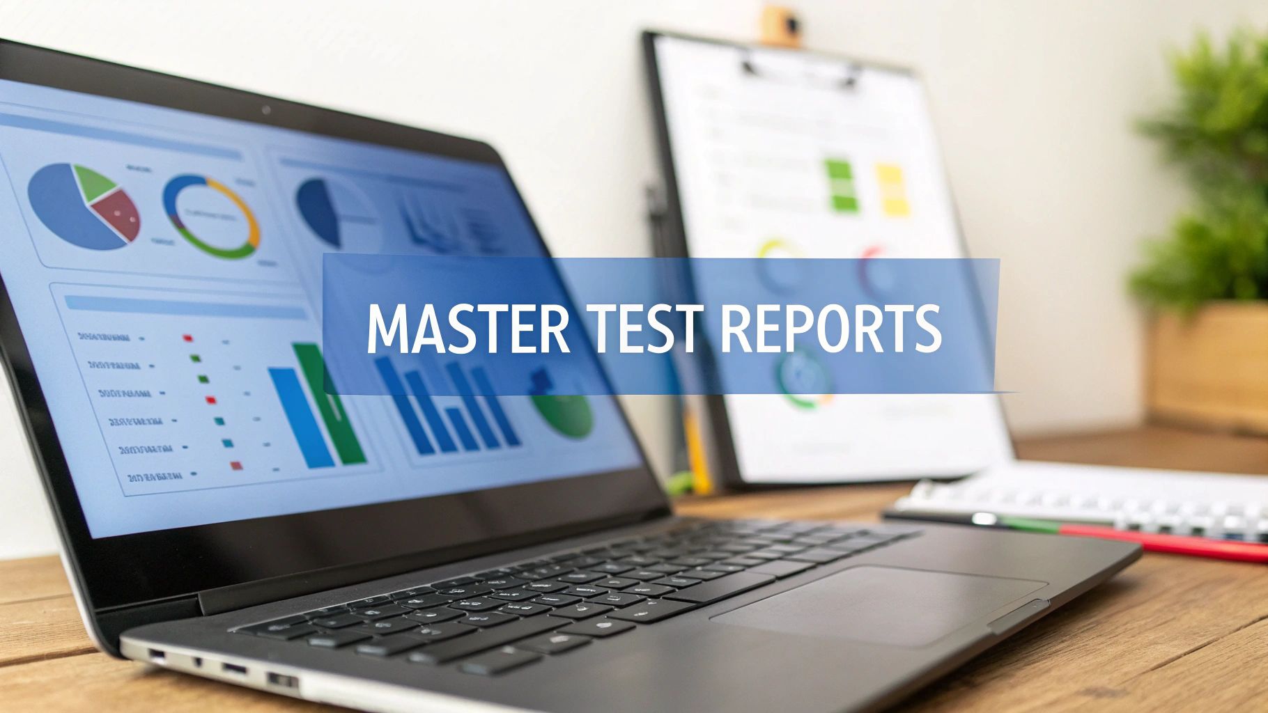 - A photo-realistic modern workspace scene with a sleek laptop and subtle blurred test dashboards on screen, a clipboard with charts and graphs lightly visible in the background, featuring "Master Test Reports" text centered on a solid background block in the golden ratio position, text rendered with sharp, clear edges and perfect legibility, surrounded by subdued analytics icons and metrics to support the theme