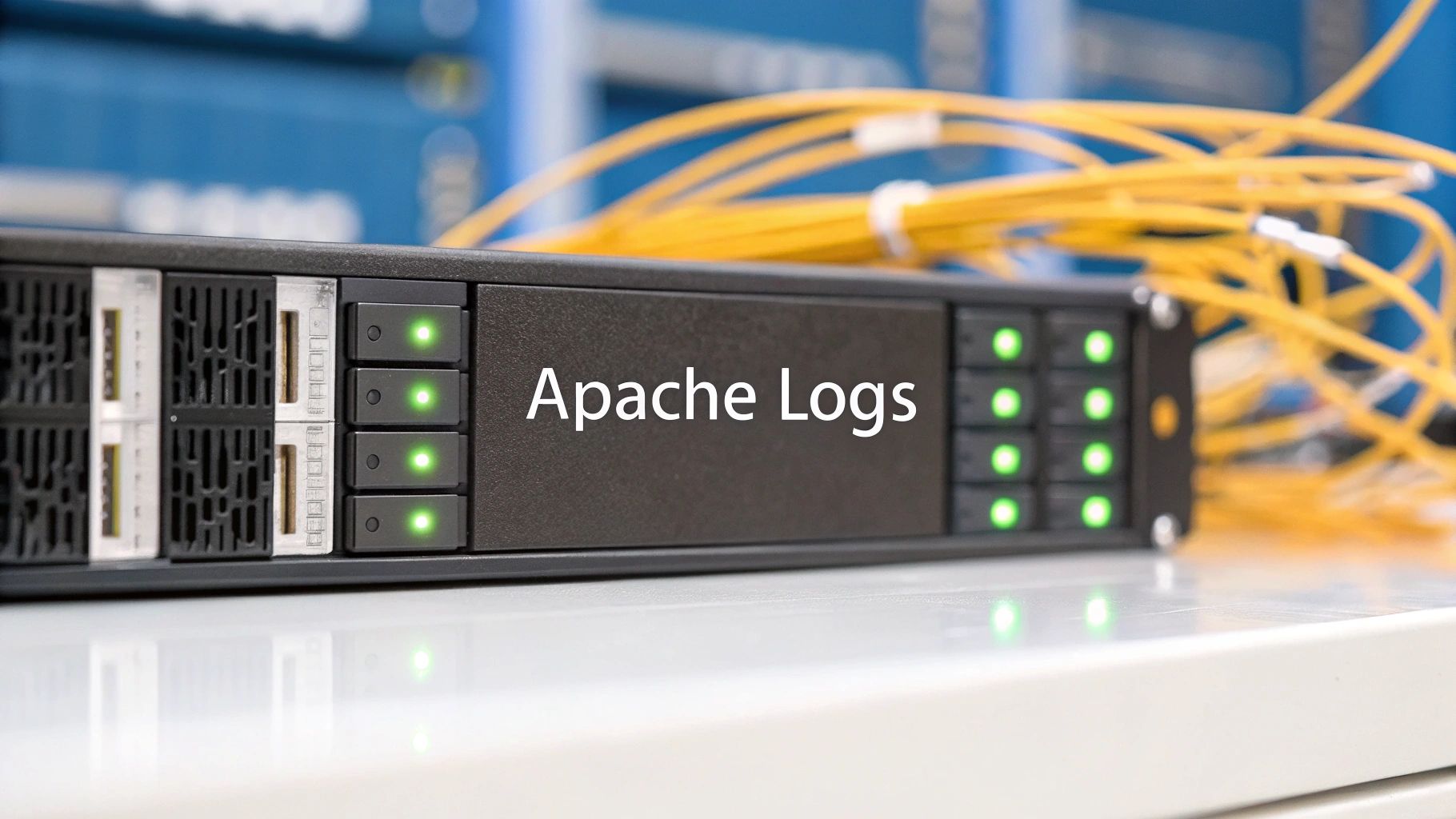 A photo-realistic scene showing a sleek server rack with soft glowing indicator lights and blurred network cables in the background, featuring 'Apache Logs' text centered on a solid background block in the golden ratio position