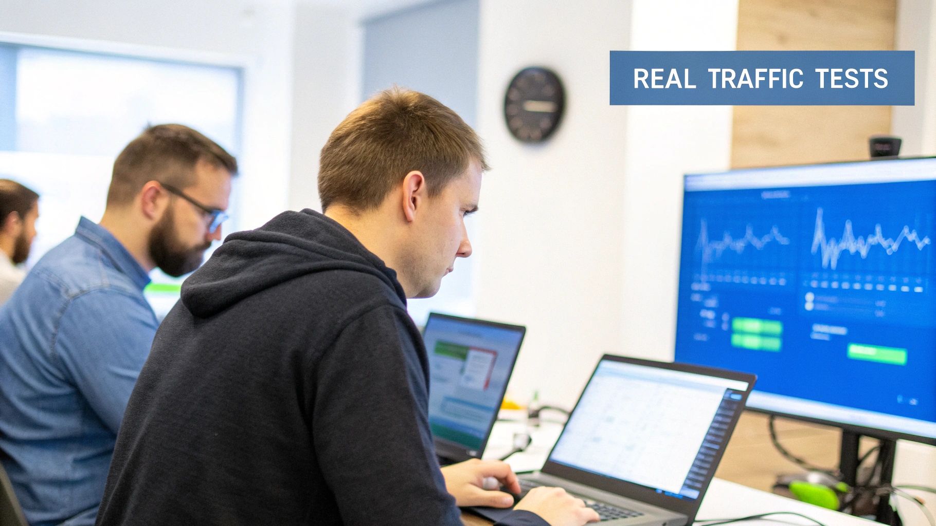 Two men conducting real traffic tests on websites, analyzing data on laptops and a large monitor.