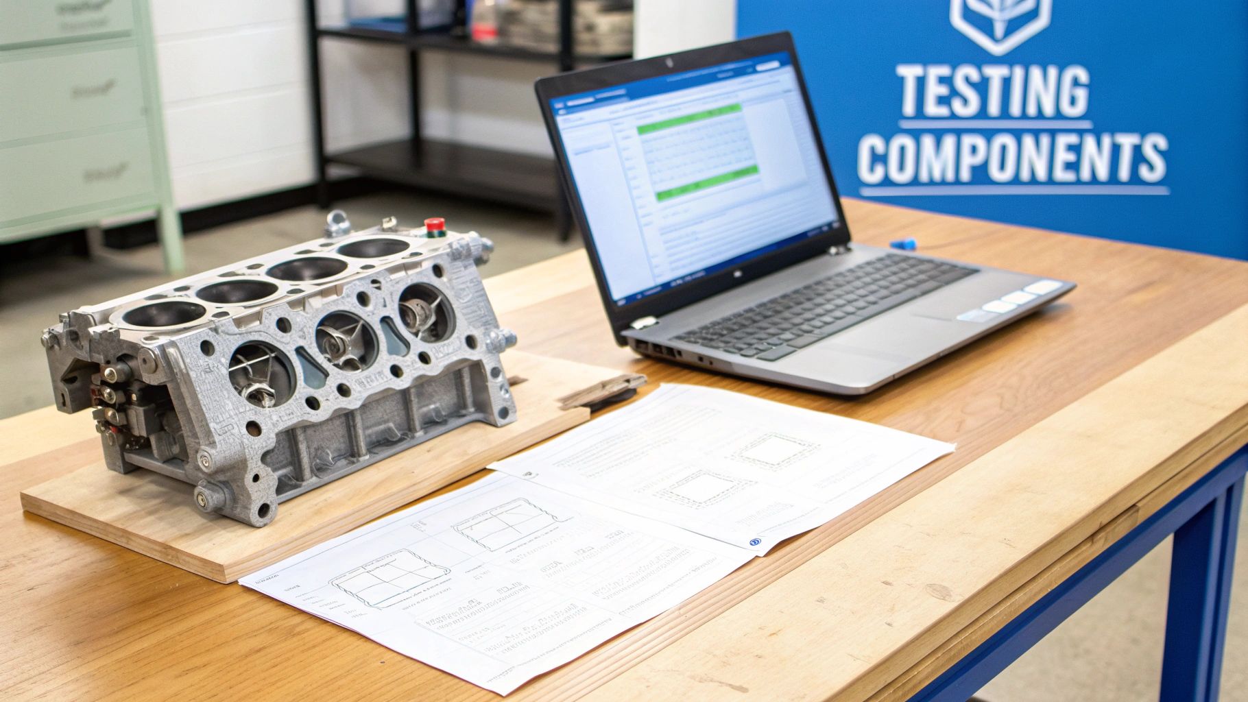 An engine block sits on a wooden board next to a laptop displaying data and technical documents.