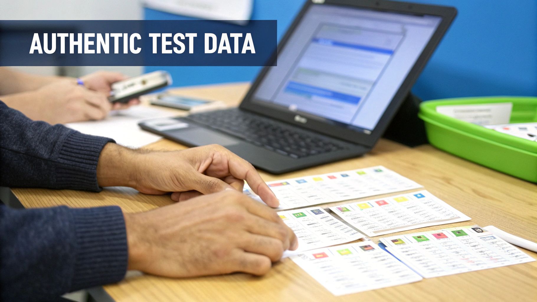 Hands sorting authentic test data cards on a table with a laptop and another person.
