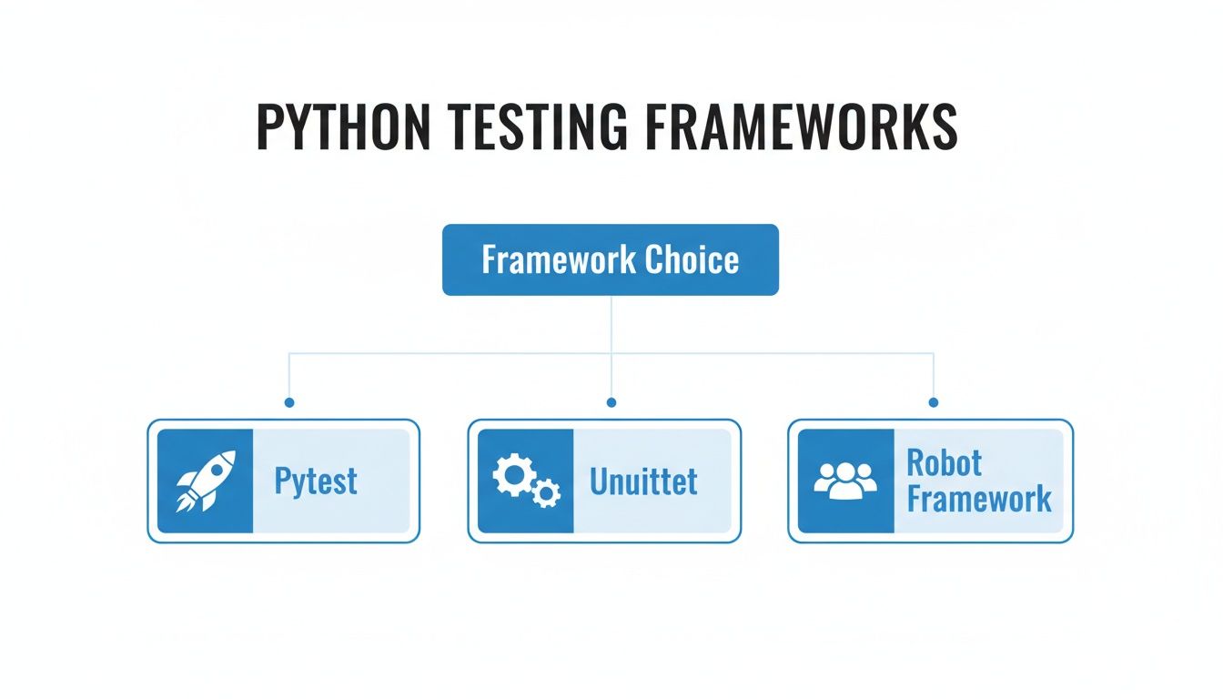 A diagram showcasing three popular Python testing frameworks: Pytest, Unittest, and Robot Framework.
