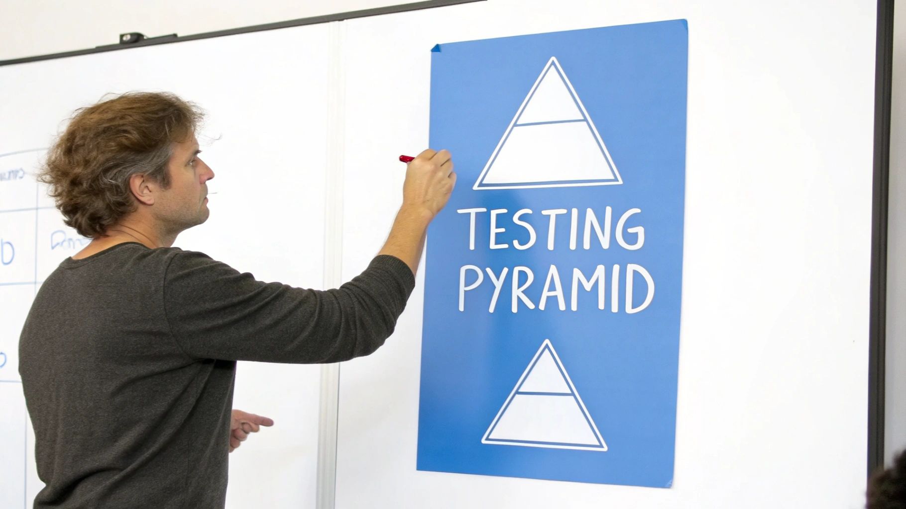 A pyramid diagram illustrating the concept of the testing pyramid, with a large base of unit tests, a smaller middle section for integration tests, and a small top section for end-to-end or functional tests.