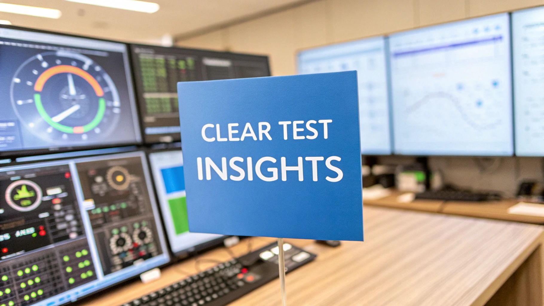 - A photo-realistic image of a modern testing command center with blurred dashboards, analog dials and faint data charts in soft focus, featuring “Clear Test Insights” text prominently centered on a solid background block with sharp, clear edges, while the surrounding equipment remains subtly subdued to highlight the message