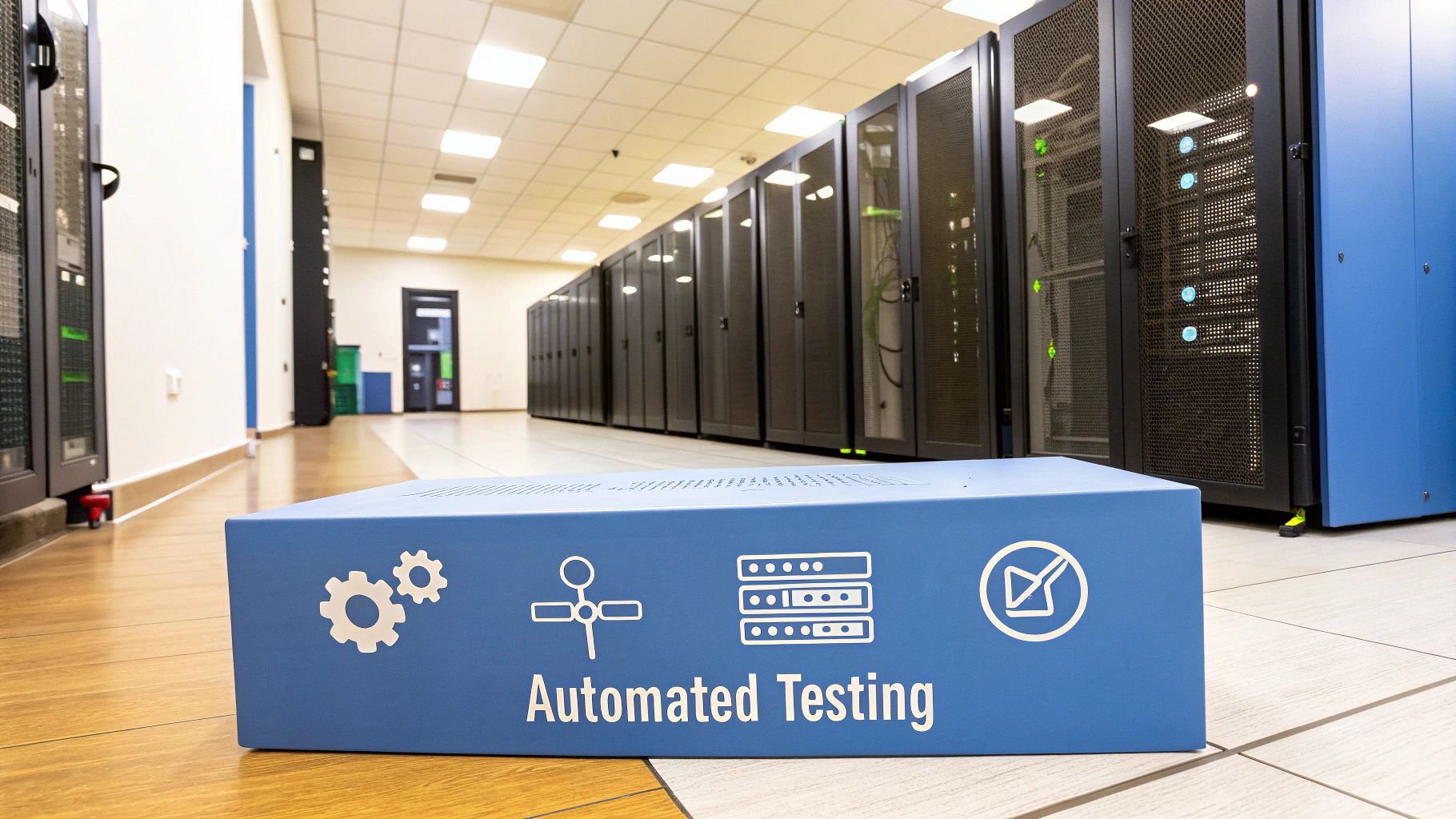A blue box labeled 'Automated Testing' with icons sits in a server room.
