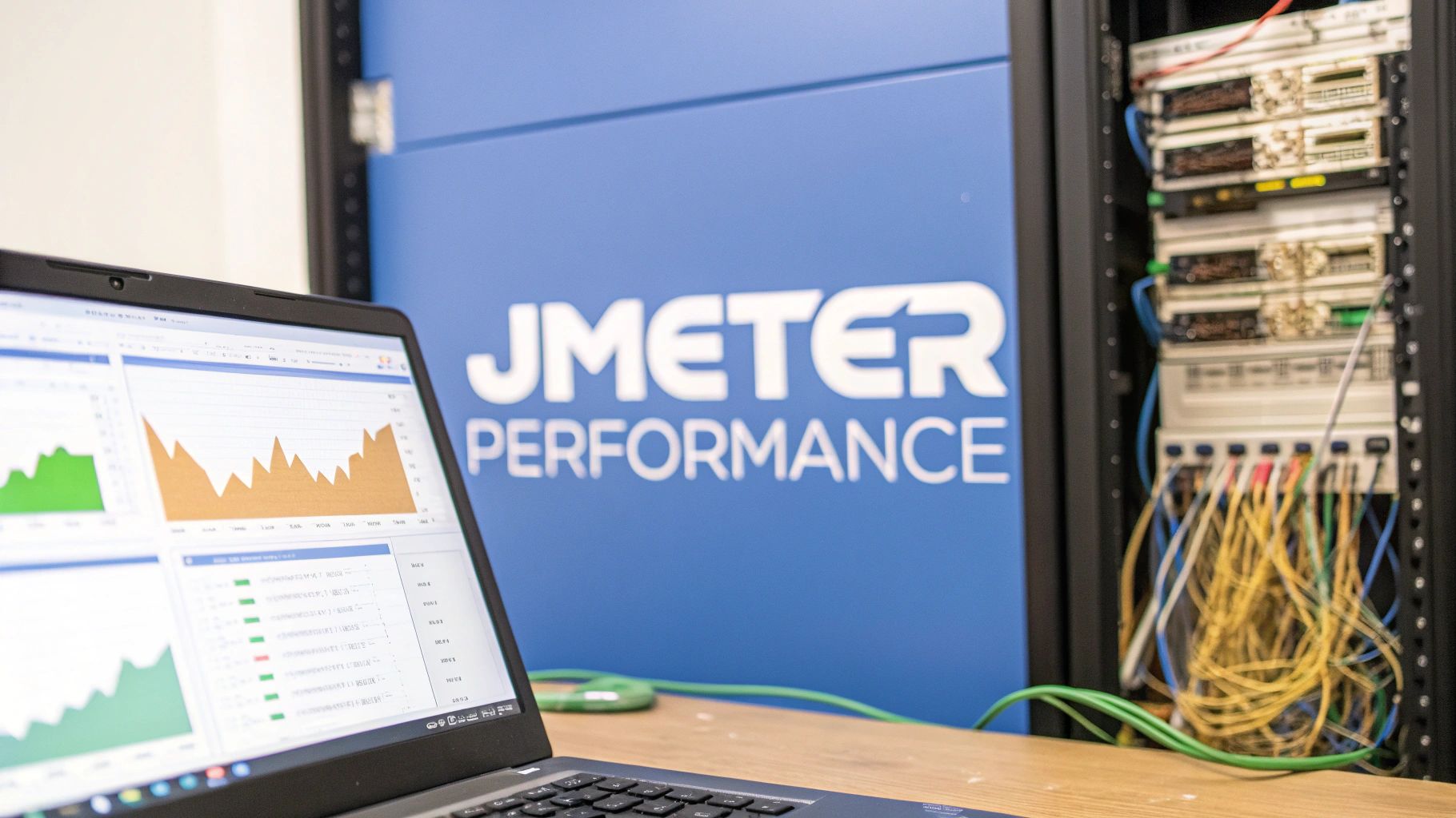 - A photo-realistic workspace with an open laptop displaying performance charts and JMeter UI elements, faint server rack and network cables in the background, featuring “JMeter Performance” text centered on a solid background block, surroundings slightly blurred to emphasize the text and laptop