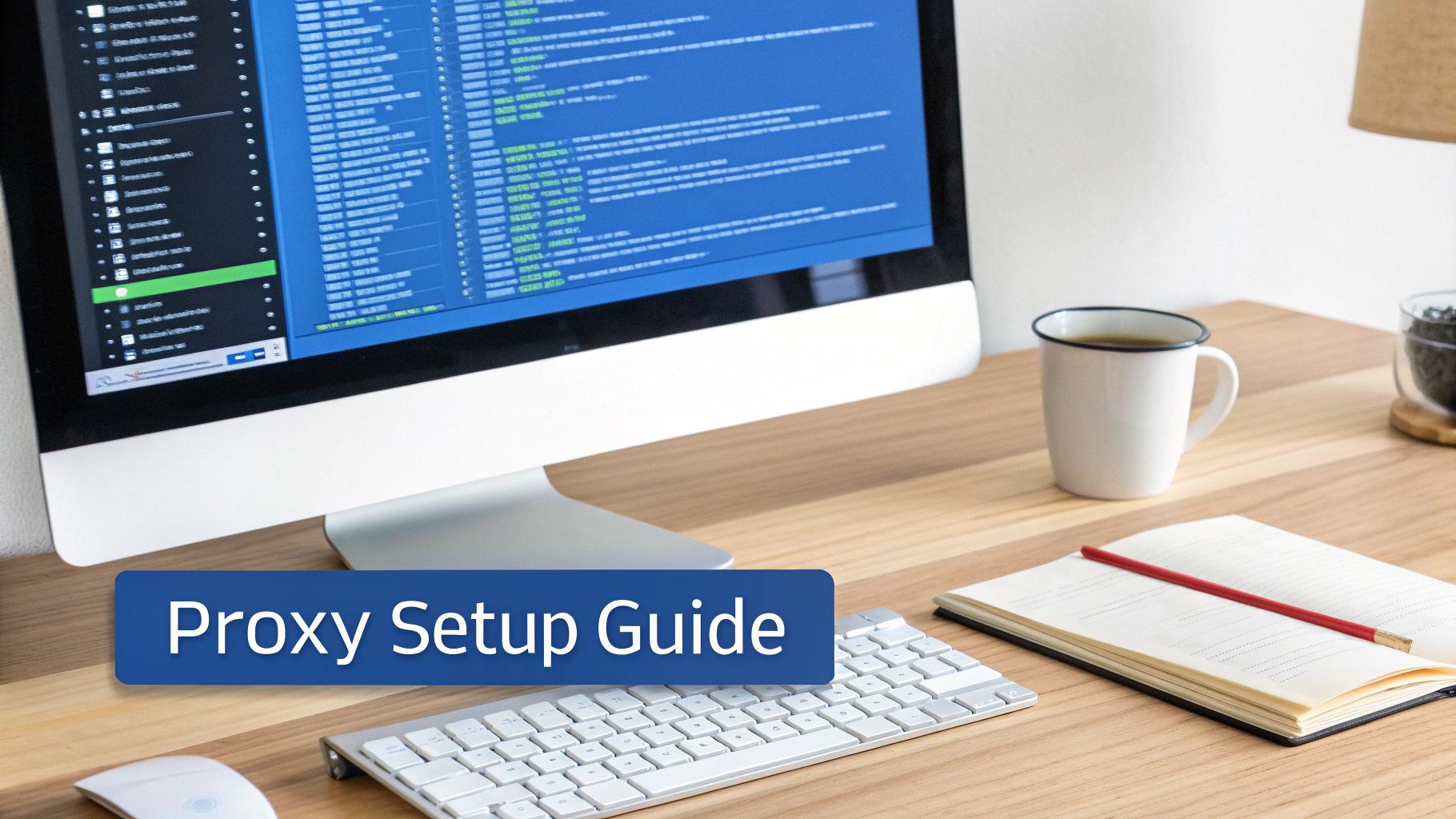 A desk with a monitor showing code, a coffee mug, and a notebook, with a 'Proxy Setup Guide' banner.