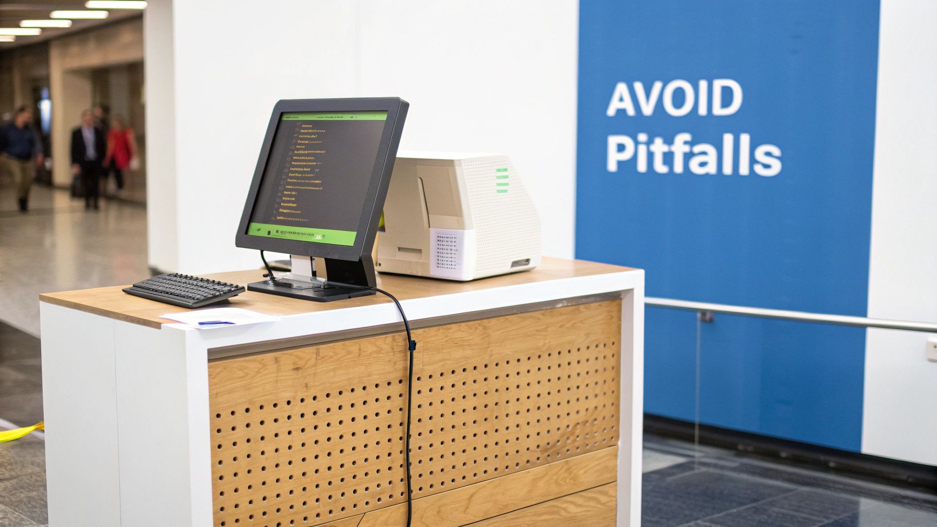 A computer display and keyboard on a wooden counter with a blue 'AVOID Pitfalls' sign.