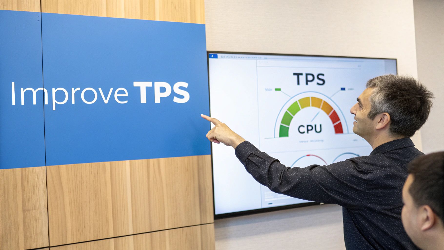 A man in a dark shirt points at a screen displaying "TPS" and "CPU" performance metrics during a meeting.
