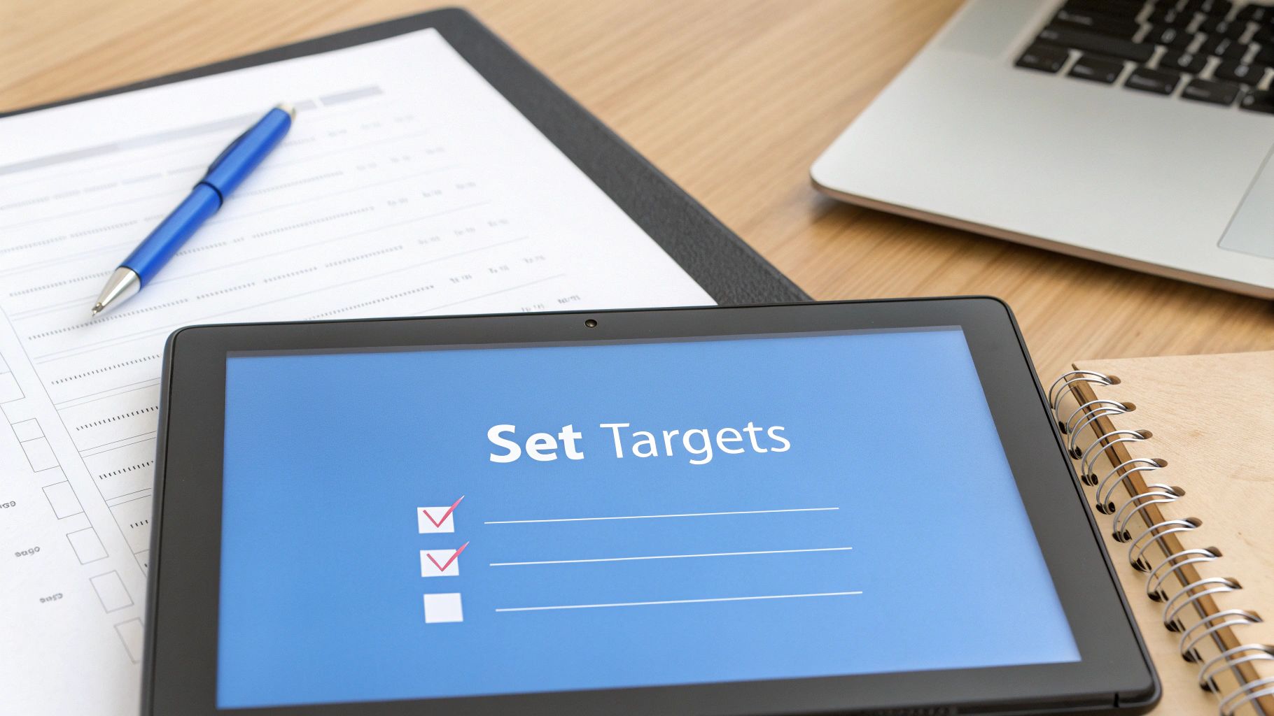 A tablet displays 'Set Targets' with a checklist, next to a pen, document, and laptop on a desk.