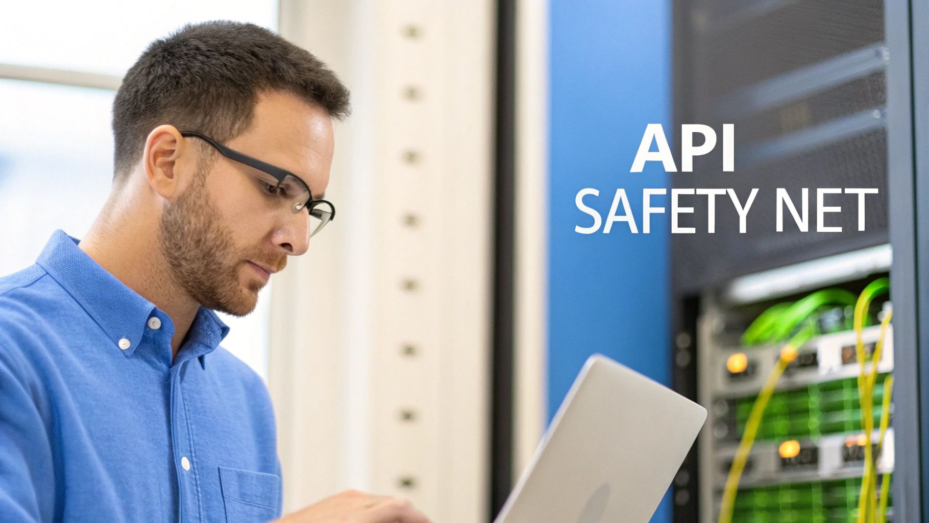 A man in glasses works on a laptop in front of a server rack with 'API SAFETY NET' text.