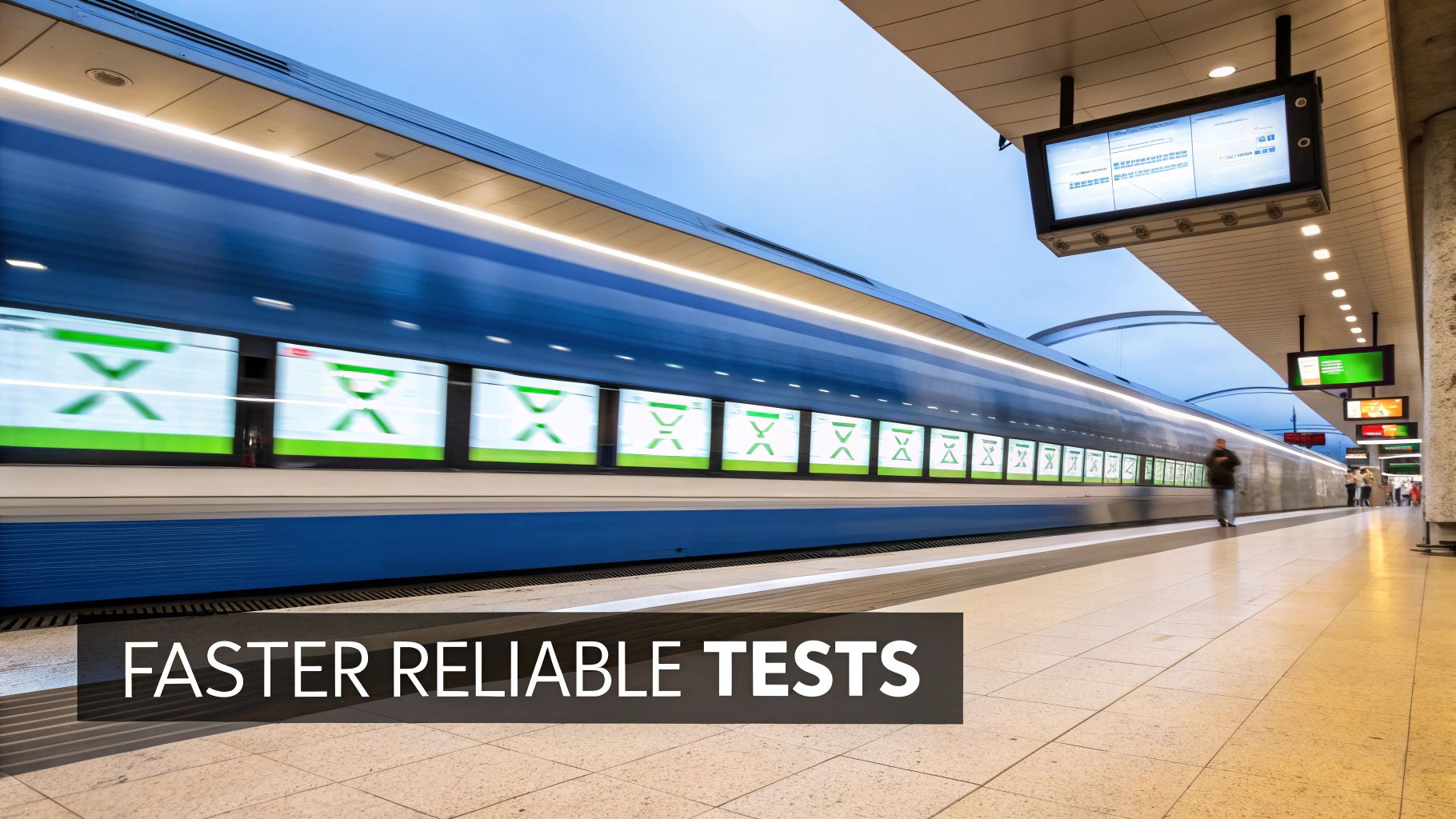 A blue train blurs past a station platform, showcasing digital displays and emphasizing faster, reliable tests.