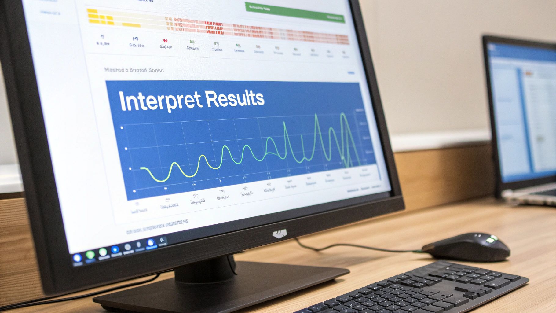 A computer monitor displays a data interpretation graph with 'Interpret Results' text, keyboard, and mouse.