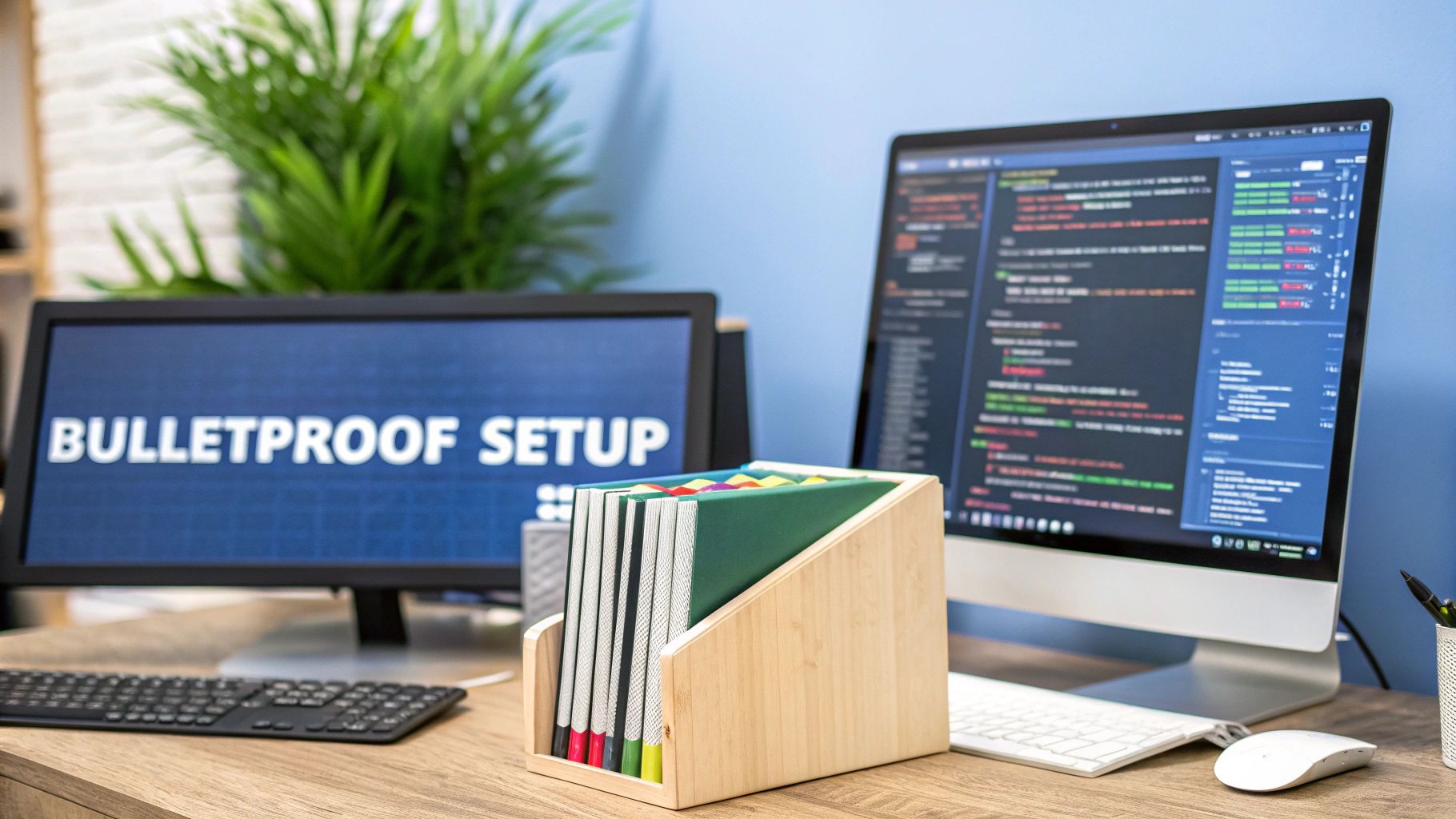 A developer setting up a Python environment on a laptop, with code and terminal windows visible, representing the creation of a testing environment.