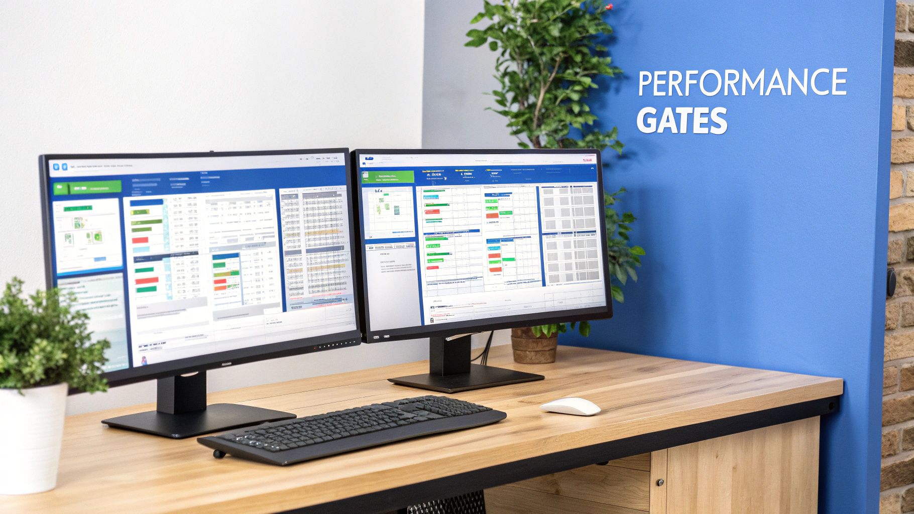 Two monitors display performance data dashboards on a modern wooden desk in an office with 'PERFORMANCE GATES' on the wall.