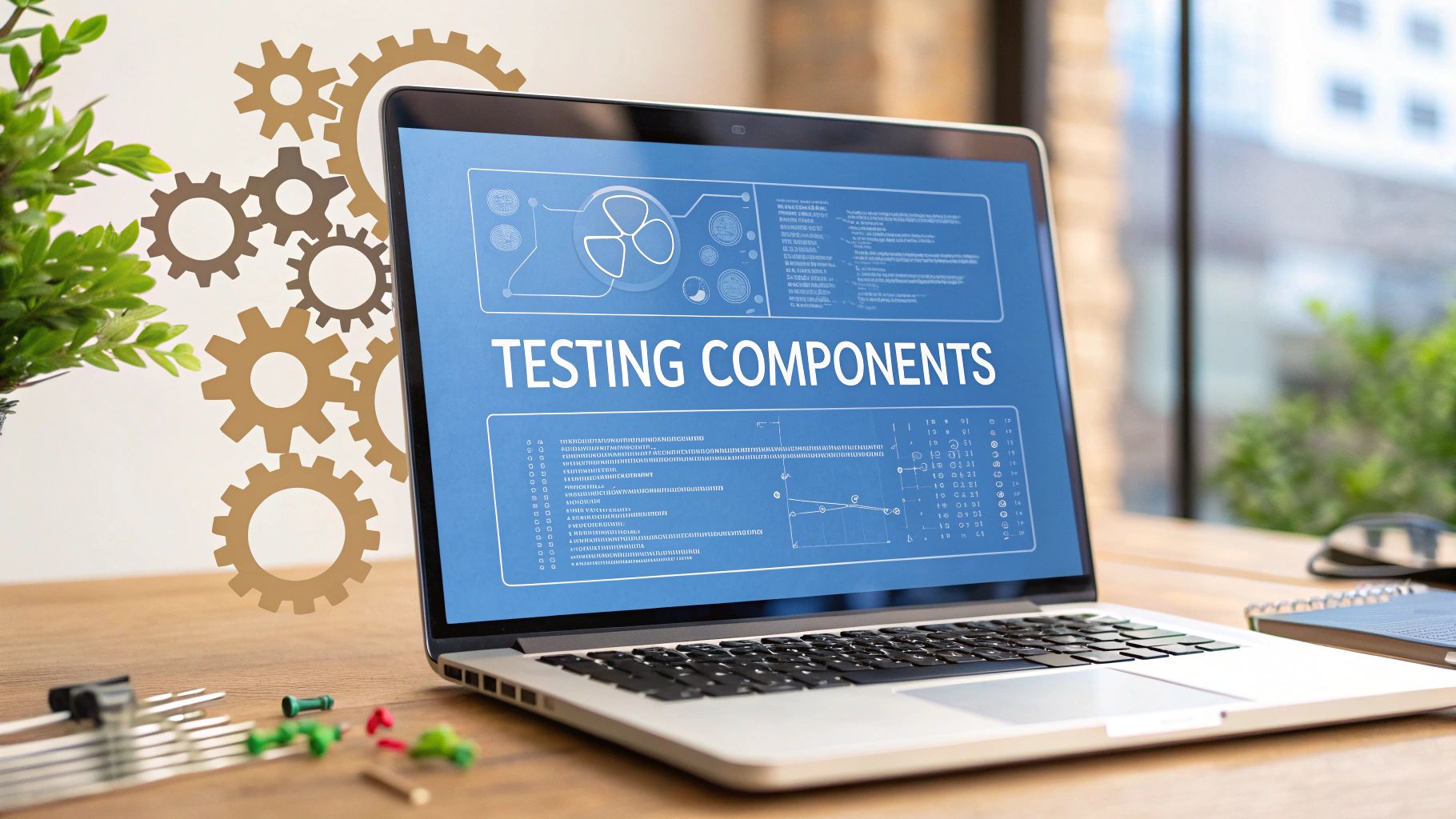 A photo-realistic brand & text realism style image of a clean tech workspace with a laptop displaying code, faint circuit traces and gear motifs softly blurred in the background, featuring 'Testing Components' text sharply centered on a solid background block in the golden ratio position, with subdued QA tools and schematic diagrams framing the scene