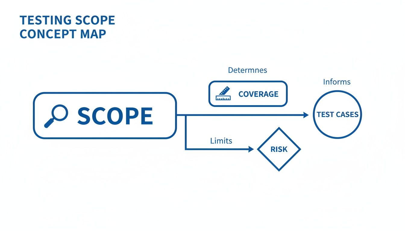 Concept map illustrating testing scope, showing how it determines coverage and limits risk, which informs test cases.