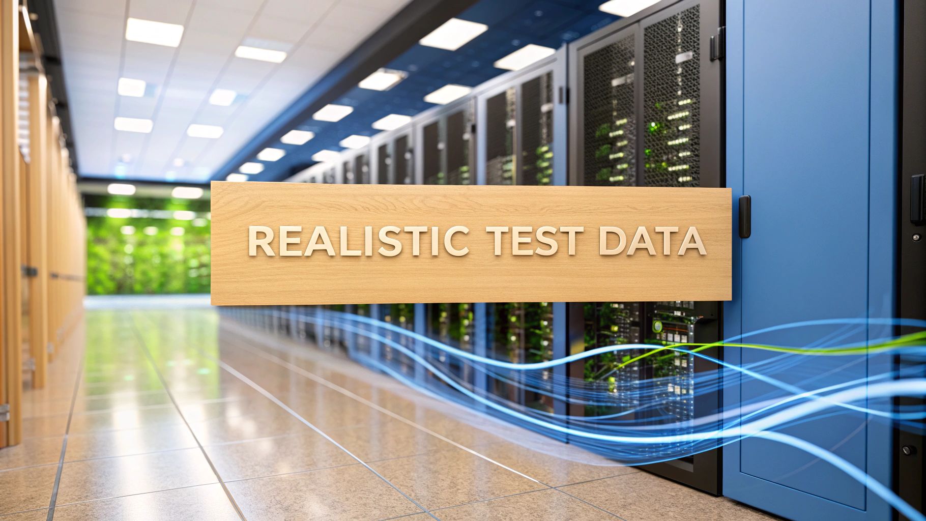 A photo-realistic image of a modern data center environment with softly blurred server racks and flowing data streams, with 'Realistic Test Data' text prominently centered on a solid background block in the golden ratio position, subtle tech details in the background to reinforce the concept