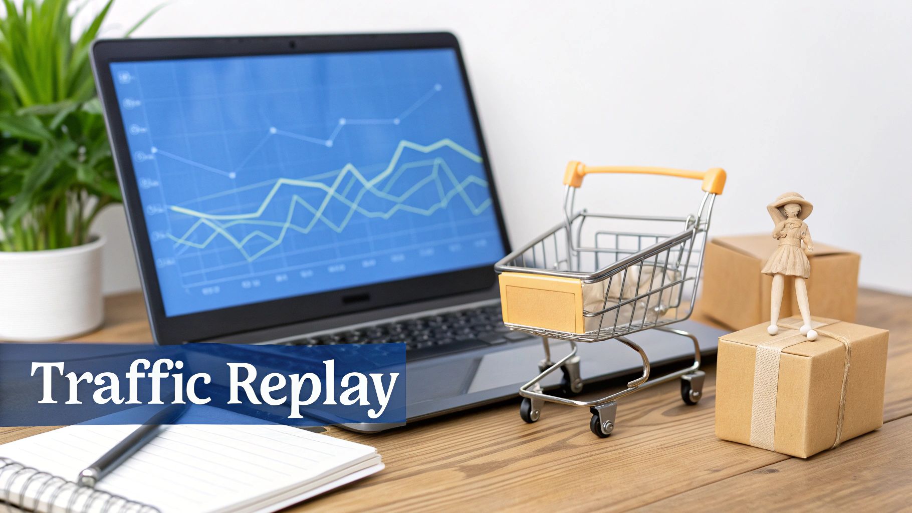 A laptop displays a web traffic graph, with a shopping cart, delivery boxes, and a figurine on a desk.