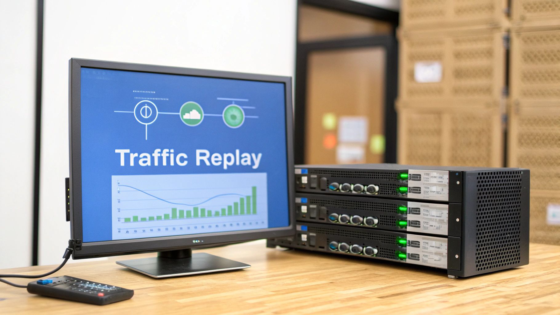 A computer monitor displays 'Traffic Replay' software next to a stack of three network servers with green lights, on a wooden desk.