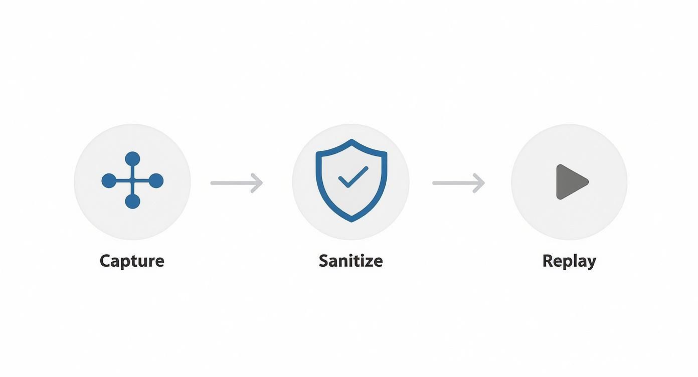 Three-step workflow diagram showing capture, sanitize, and replay process with icons and arrows