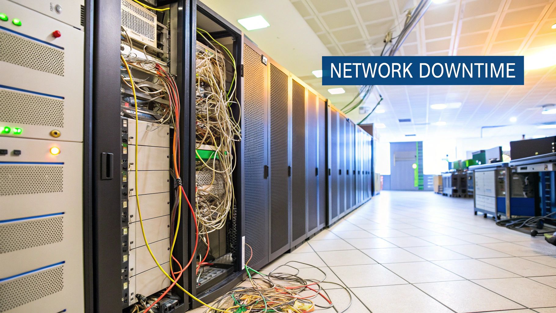An engineer looking stressed while examining a complex network diagram on a screen
