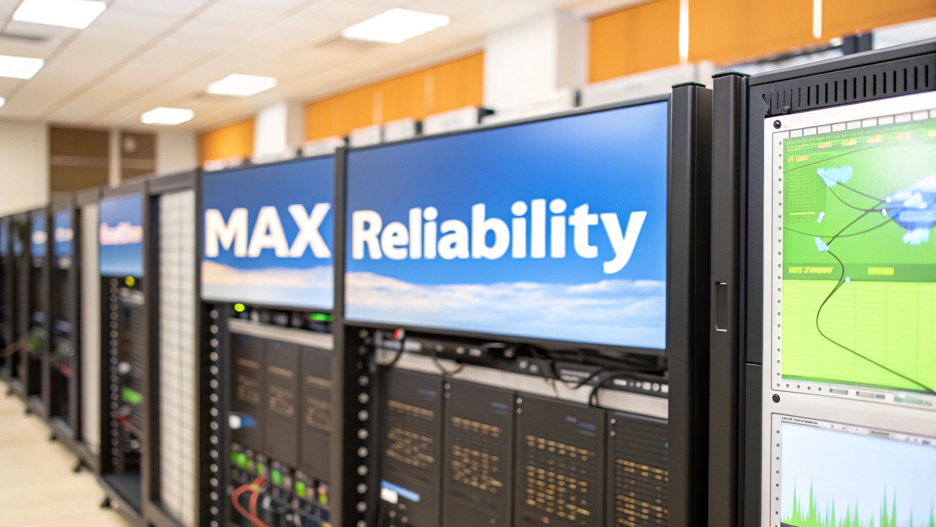 - A photo-realistic data center environment with server racks and diagnostic screens showing load metrics slightly blurred in the background, featuring 'Max Reliability' text prominently displayed on a solid background block in the golden ratio position, sharp clear edges and high contrast, with surrounding equipment and performance charts subtly supporting the message without overpowering the focal text