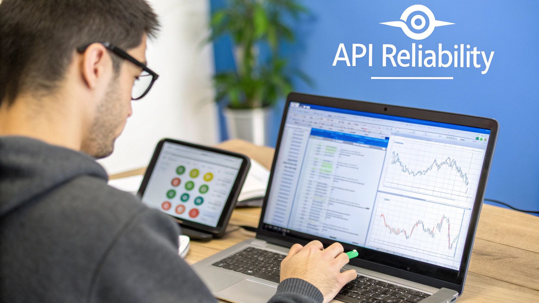Over-the-shoulder view of a person working on a laptop and tablet, analyzing data and API reliability.