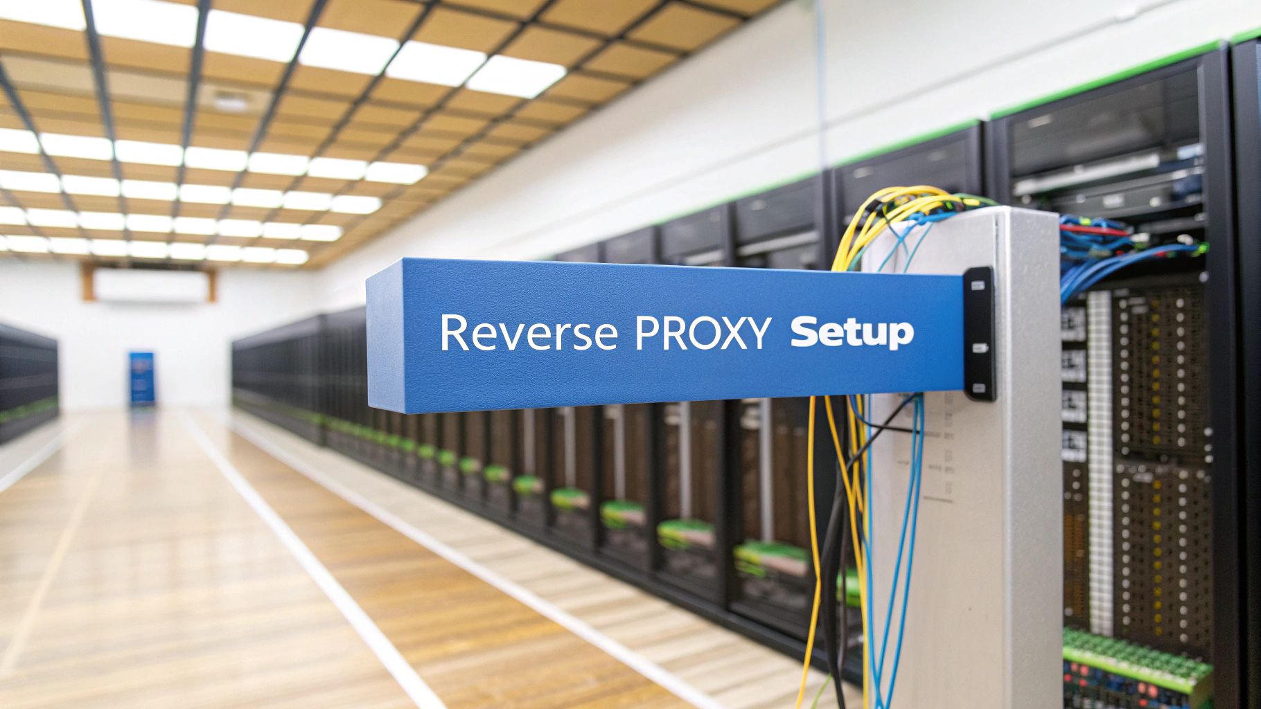 A photo-realistic data center interior with modern server racks and network cables forming subtle diagonal lines in the background, featuring “Reverse Proxy Setup” text prominently displayed on a solid background block at the golden ratio position, with the surrounding machinery slightly subdued and blurred to maintain focus on the sharp, legible text in brand & text realism style