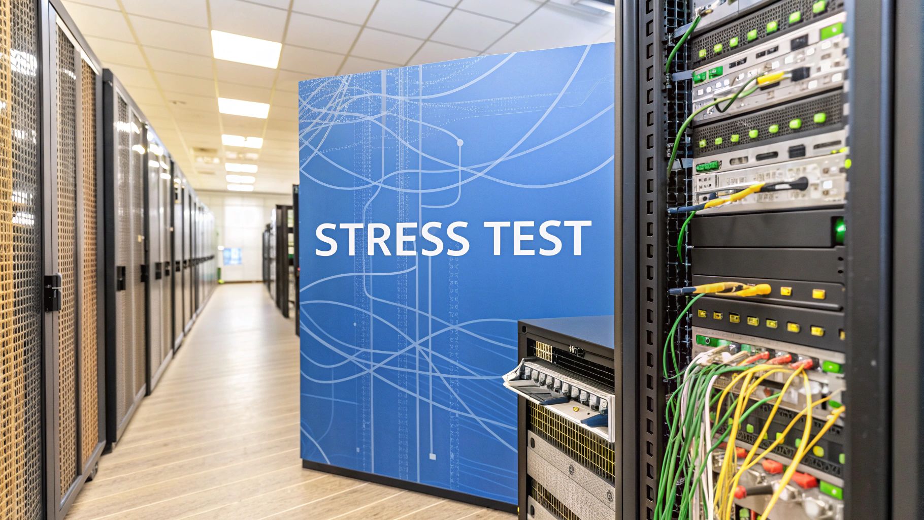 - A photo-realistic server room with subtle digital load graphs and network cable details in the background, featuring âStress Testâ text prominently displayed on a solid background block in the golden ratio position
