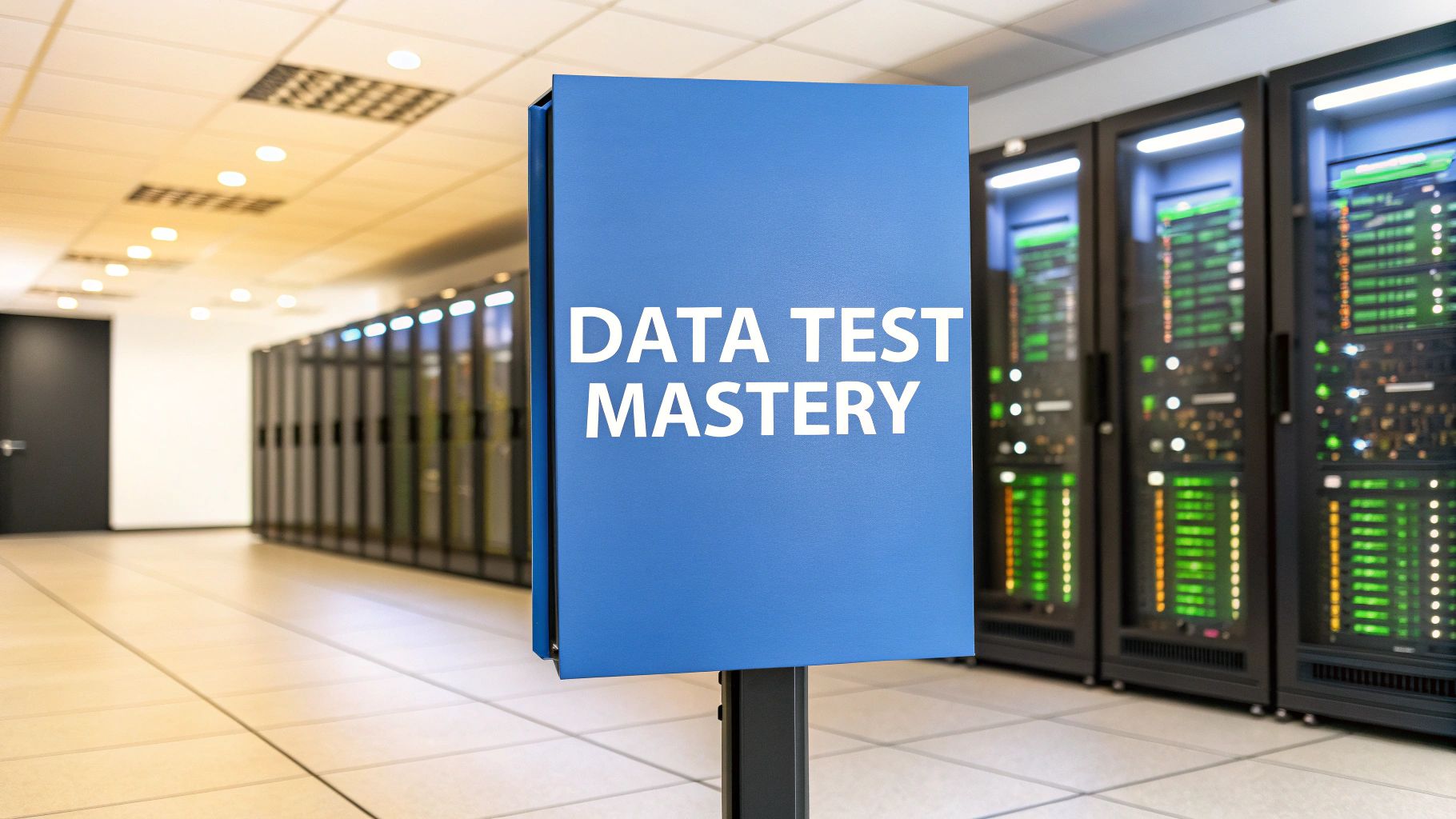 - A photo-realistic server room with rows of sleek hardware racks softly blurred in the background, featuring “Data Test Mastery” text prominently displayed on a solid background block in the golden ratio position, conveying professional data management testing expertise