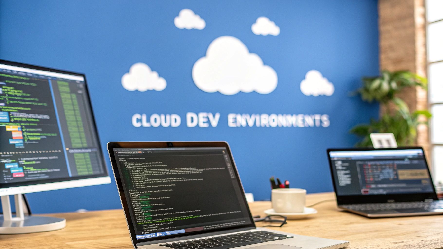 - A photo-realistic modern developer workspace with floating code editor windows and subtle cloud shapes in the background, centered around a solid background block displaying 'Cloud Dev Environments' text in sharp, high-contrast font, with blurred server racks and collaborative team icons softly out of focus to emphasize scalable, consistent cloud-based coding for teams