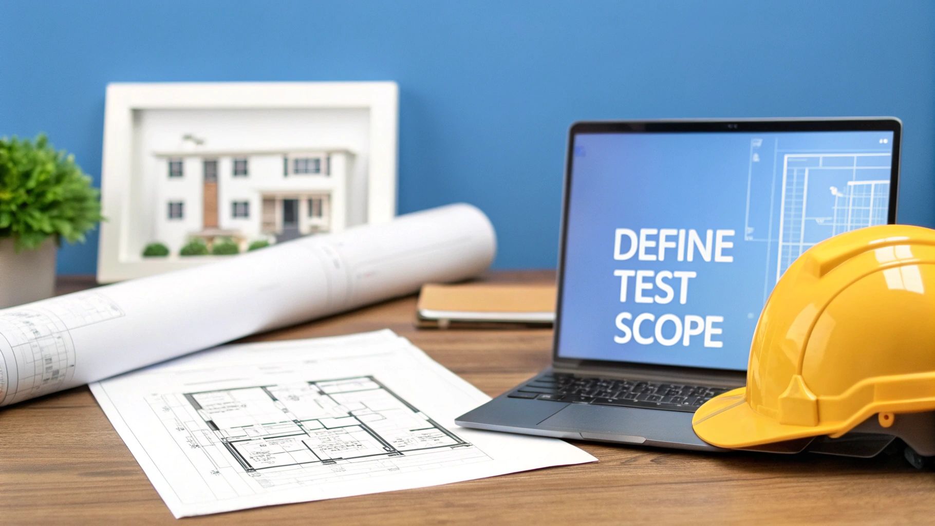 A desk with architectural plans, a hard hat, and a laptop displaying 'DEFINE TEST SCOPE'.