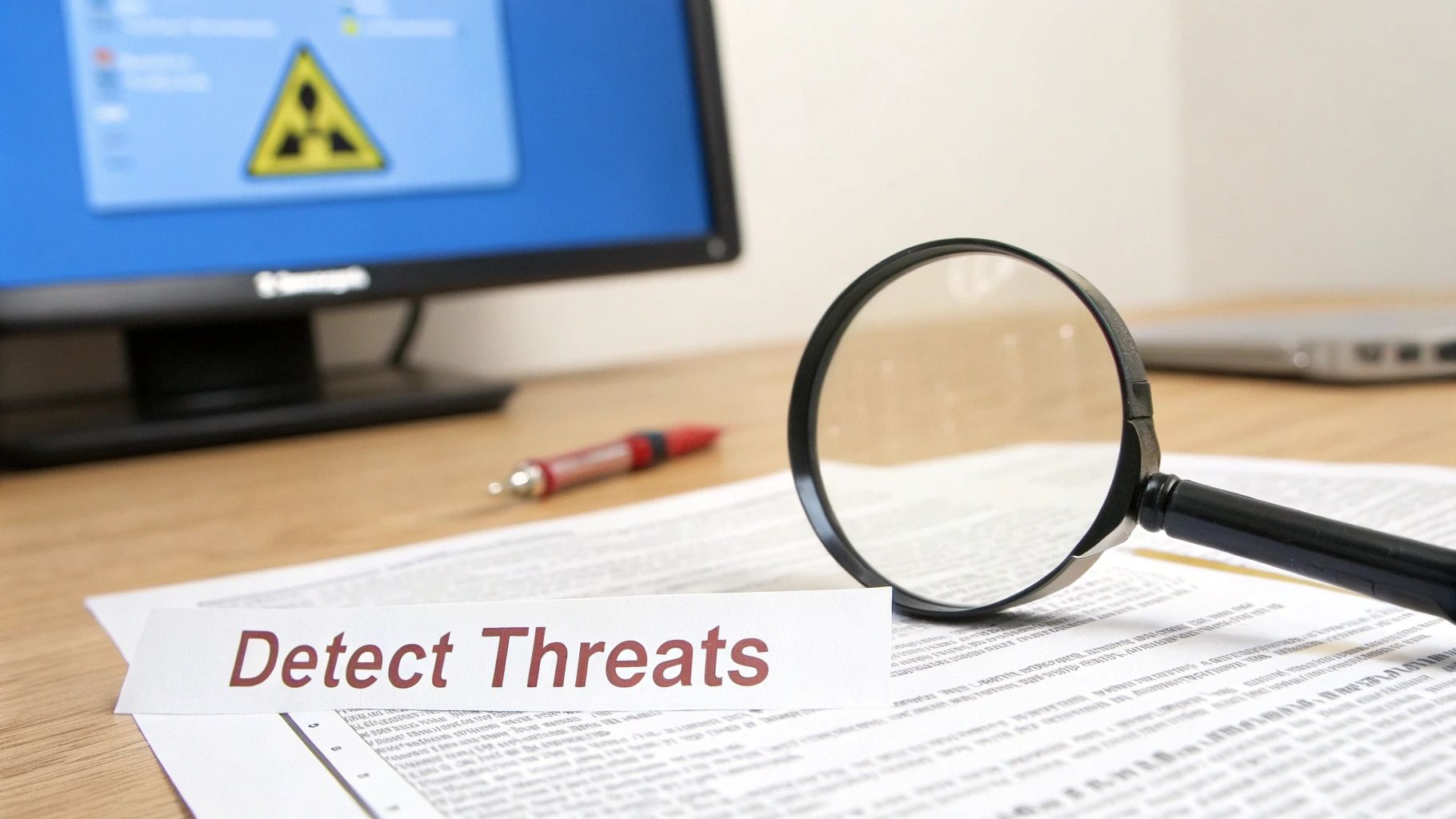 A desk with a monitor showing a radiation symbol, a magnifying glass over documents, and a paper strip reading 'Detect Threats'.