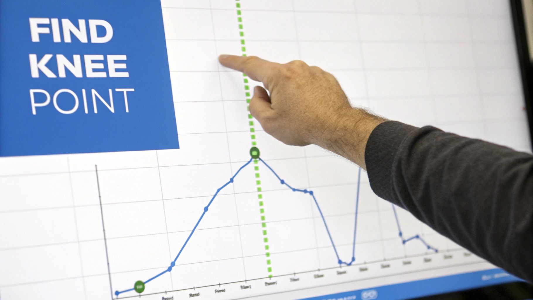 A hand points to a 'knee point' on a blue line graph displayed on a digital screen, analyzing data.