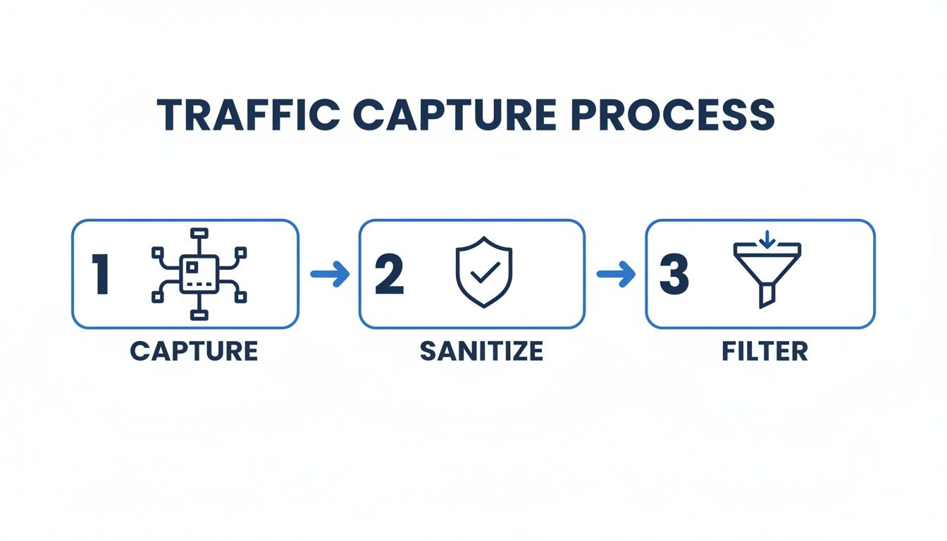 Diagram illustrating a three-step traffic capture process: capture network data, sanitize, and filter it.