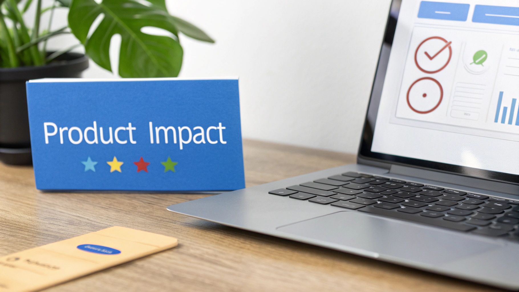 A blue sign reads 'Product Impact' with colored stars, beside a laptop showing performance metrics.