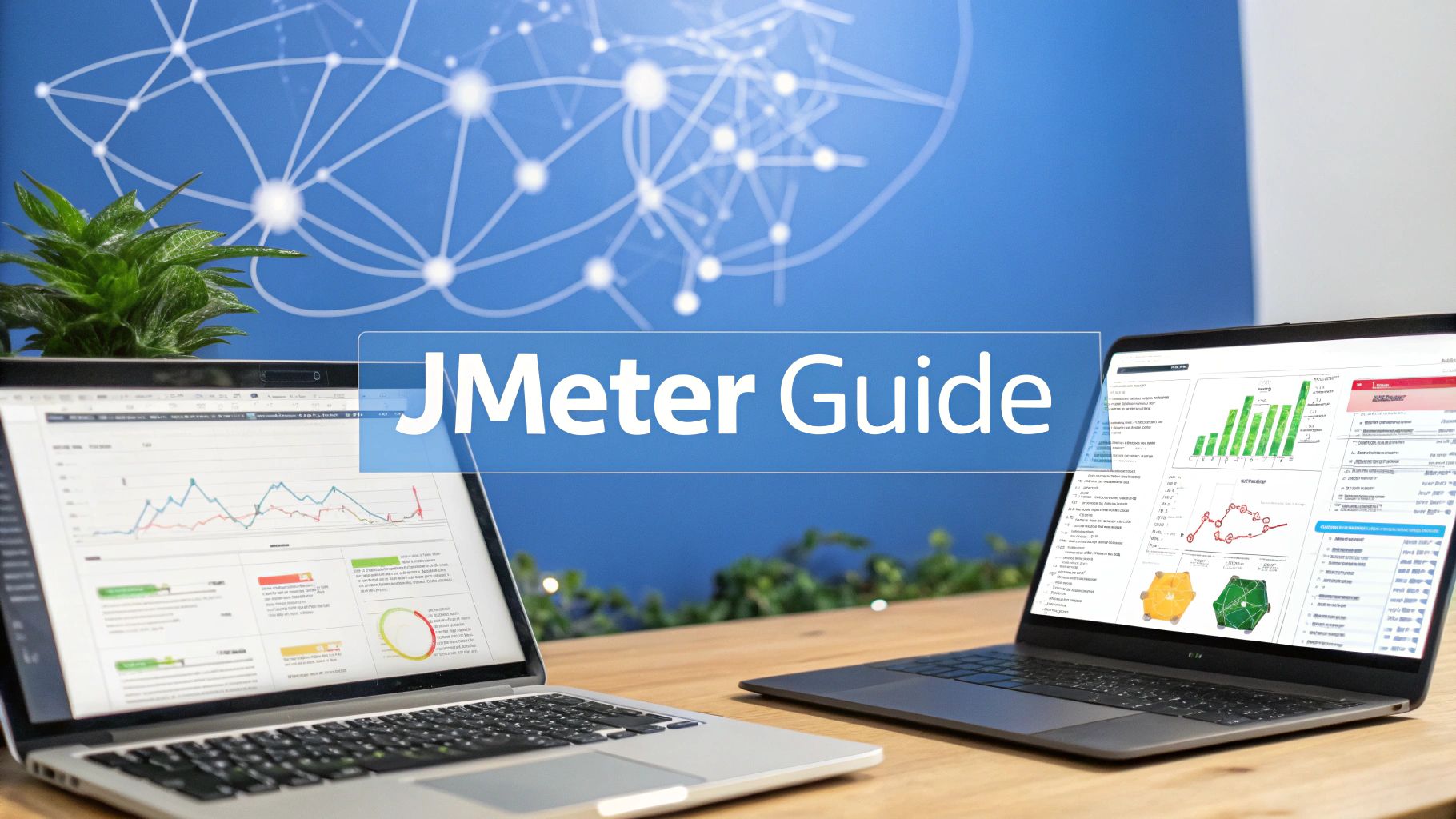 A sleek programmer’s desk with a laptop displaying load test graphs and a glowing network diagram in the background, featuring 'JMeter Guide' text centered on a solid background block at the golden ratio position -- photo-realistic image in brand & text realism style, sharp legibility, subdued surroundings supporting the performance testing theme.