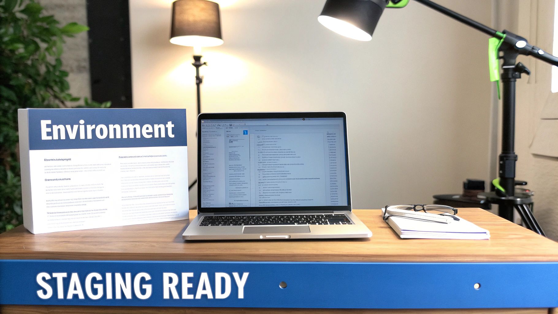 A desk setup with a laptop displaying code, an 'Environment' document, and 'Staging Ready' banner.