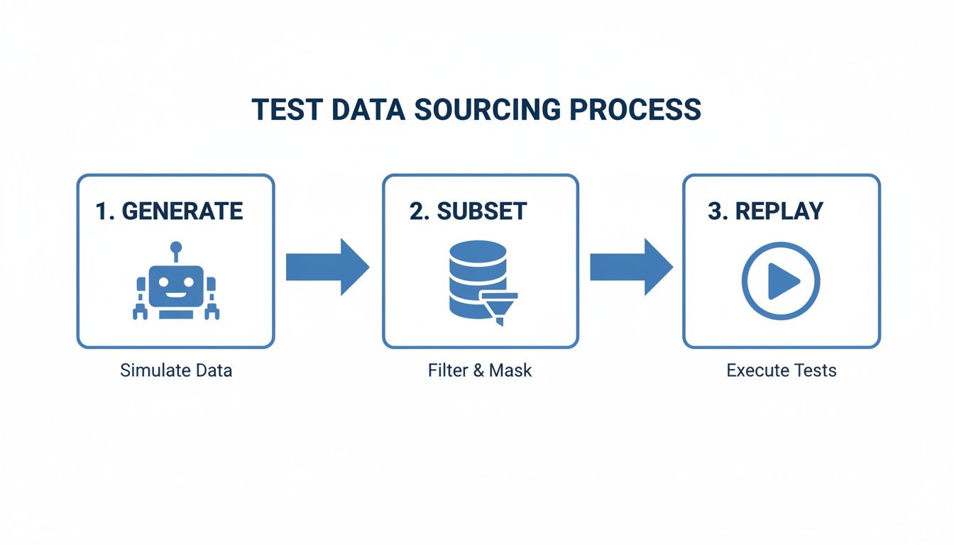 A process diagram illustrates test data sourcing steps: generate, simulate, subset, filter, mask, and replay tests.