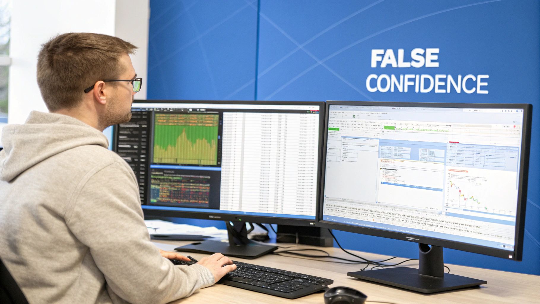 A man wearing glasses and a hoodie works on multiple computer screens displaying data and charts.