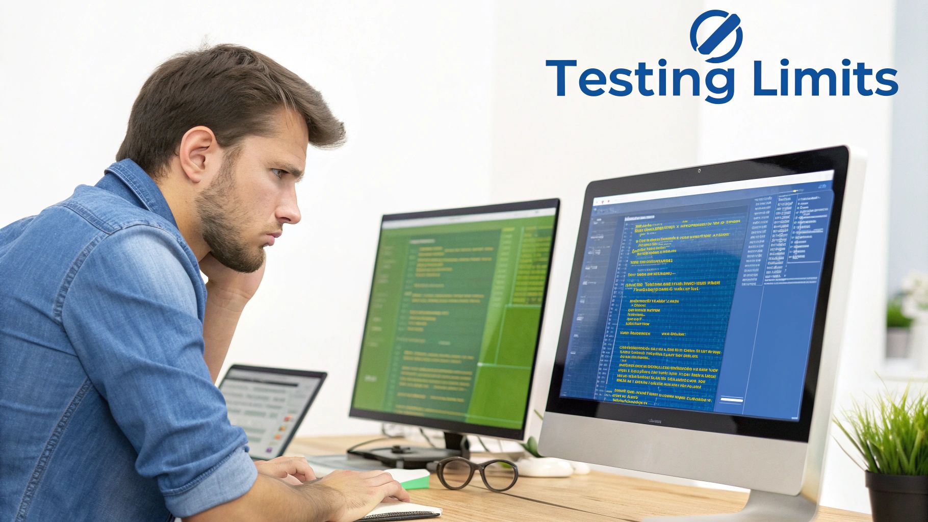 A focused man in a denim shirt works at a desk with multiple computer screens displaying code, testing limits.