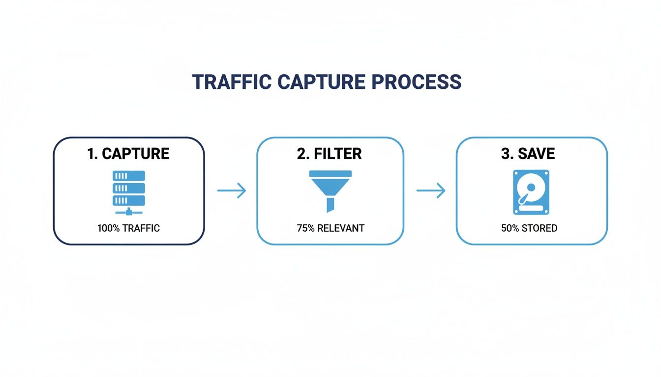 Diagram showing the traffic capture process: 1. Capture 100% traffic, 2. Filter 75% relevant, 3. Save 50% stored.