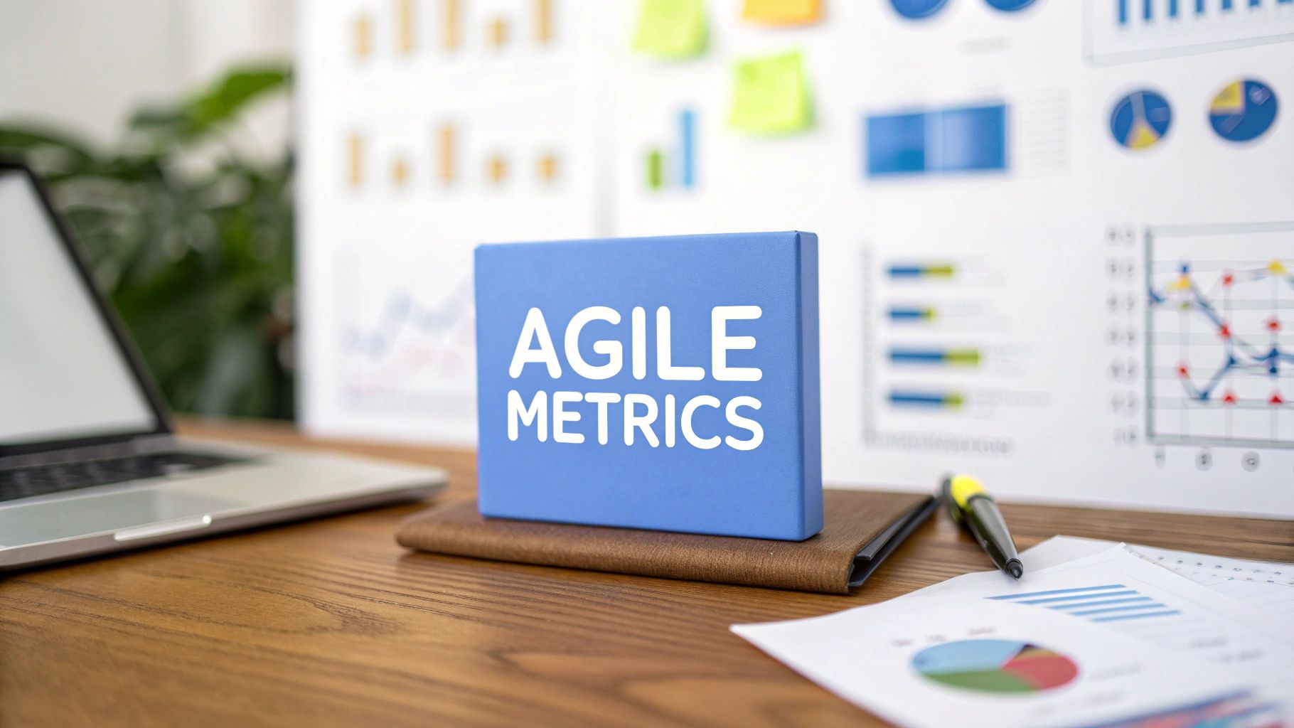 A minimalist modern workspace with a blurred Kanban board and subtle flow diagrams behind, featuring “Agile Metrics” text as the central focal point on a solid background block in the golden ratio, surrounded by subdued office tools and charts to convey data-driven agile progress in photo-realistic style
