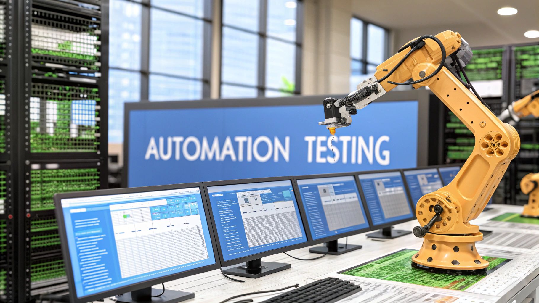 - A photo-realistic scene of a sleek software testing assembly line with robotic arms scanning code on multiple monitors, subtle data visualizations and server racks in the background, with ‘Automation Testing’ text centered on a solid background block at the golden ratio position, sharp edges and perfect legibility, while the surrounding tech environment fades slightly to emphasize the text