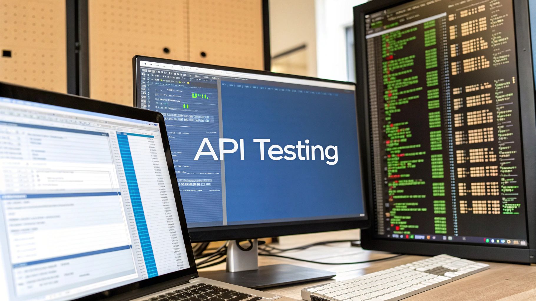Photo-realistic image in Brand & Text Realism style showing a sleek developer workspace: dual monitors with blurred RESTful API code snippets and JSON responses, faint network diagrams and server rack silhouettes behind, with "API Testing" text as the central focal point on a solid background block positioned at the golden ratio, text with sharp clear edges and high contrast, surrounding imagery slightly subdued to emphasize the text