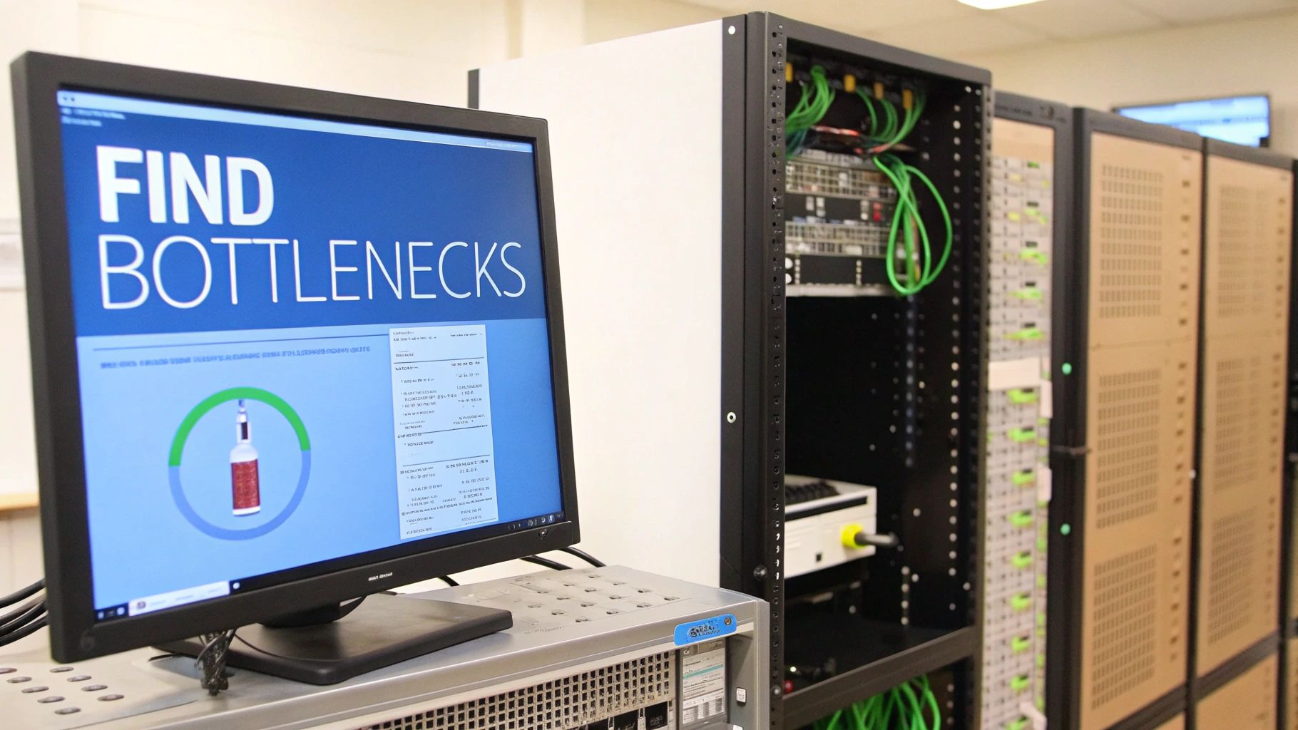 Computer monitor displaying find bottlenecks software analysis next to server rack with green cables