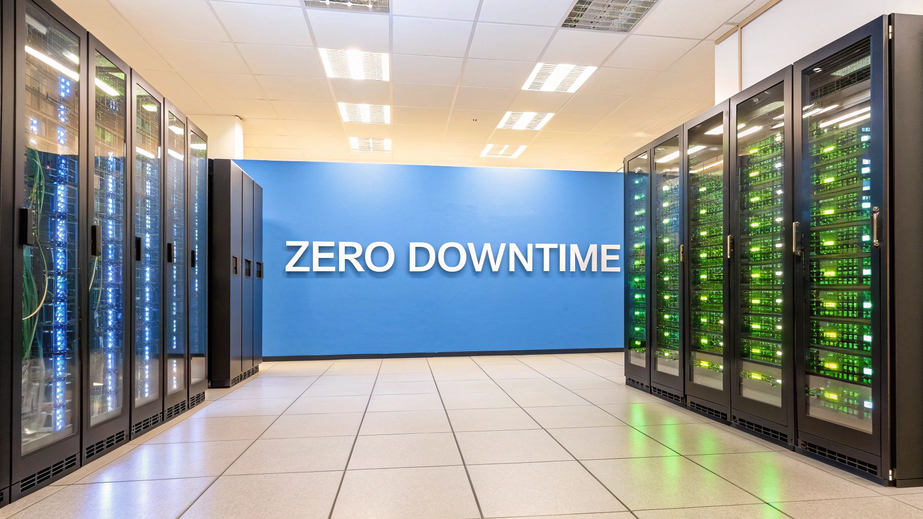 - A photo-realistic server room with two identical mirrored rows of racks symbolizing blue and green environments, centered text âZero Downtimeâ on a solid background block in the golden ratio position, text with sharp clear edges and high contrast, with subdued ambient lighting and blurred network cables framing the scene to emphasize seamless deployment.