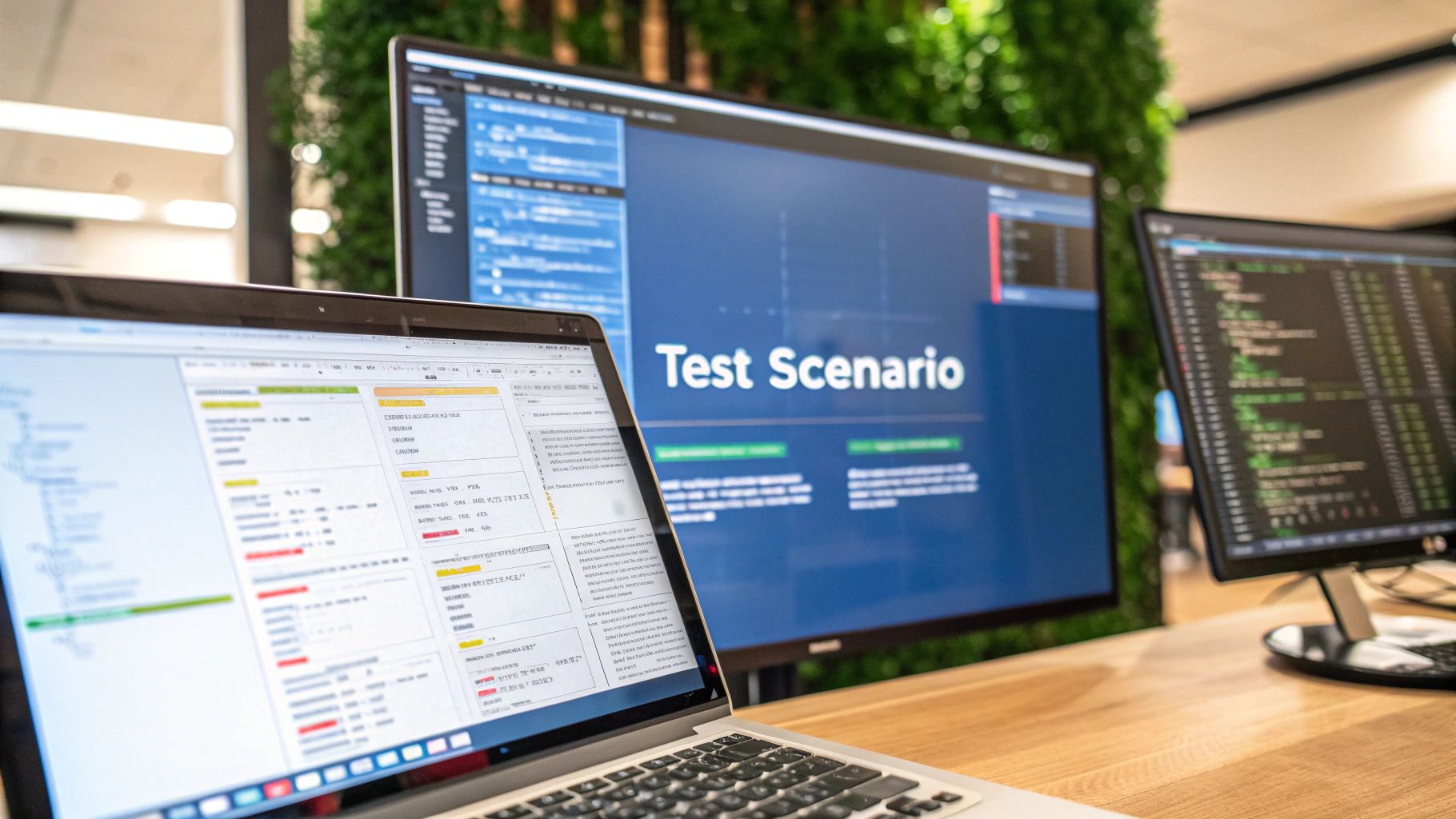 - A sleek high-tech workspace featuring blurred screens with flowcharts and code snippets, with 'Test Scenario' text prominently displayed on a solid background block at the golden ratio position, photo-realistic, Brand & Text Realism style